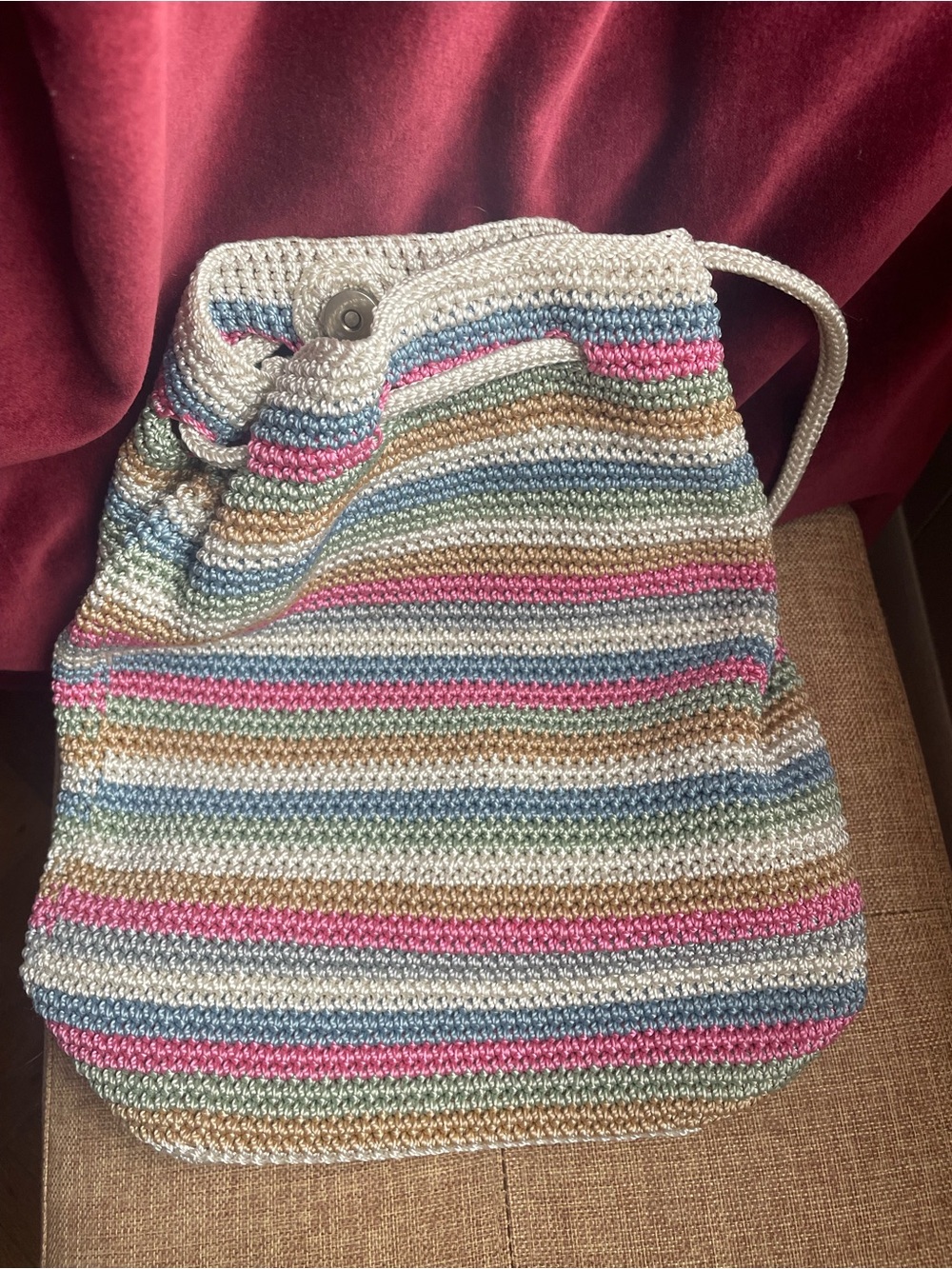 The Sak Striped Crochet Drawstring Backpack - Pink, Blue, Tan, Cream New